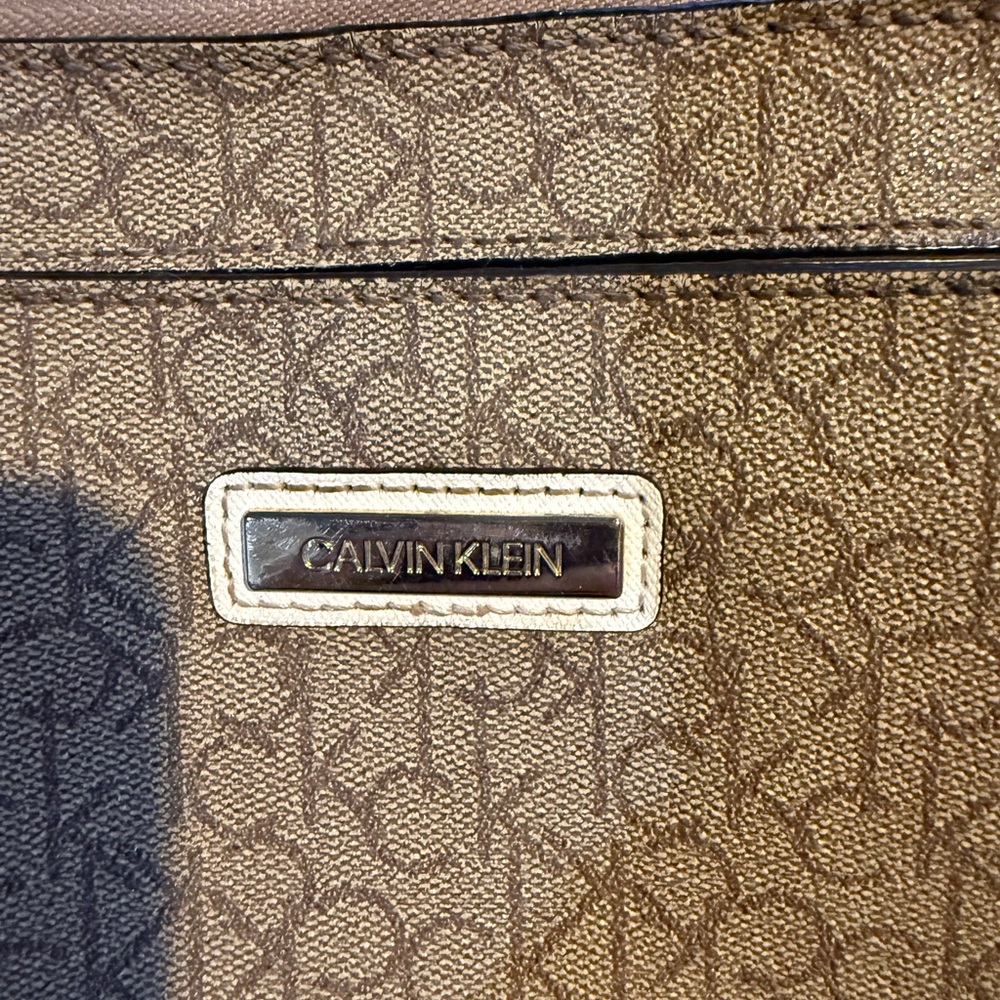 Calvin Klein Tan Brown Monogram Shoulder Tote with Logo Plaque